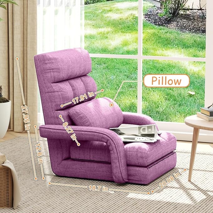 Floor Gaming Chair 6 Position Adjustable Indoor Chaise Lounge for Teens Adults Padded Folding Sofa with Armrests and Pillow Comfy Chair for Meditation Reading Purple