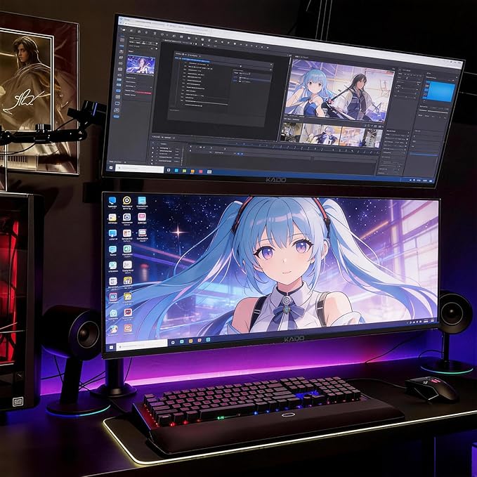 Kado Dual Gaming Monitor Setup - 2-Pack 34 100Hz Ultrawide 21:9 3440x1440 WQHD Computer Monitor 103% sRGB Stacked Gaming AMD FreeSync Premium VESA Mount HDMI DisplayPort Built-in Speakers