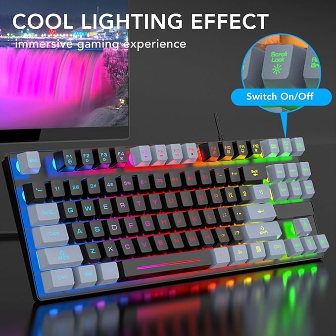 GOWENIC Gaming Keyboard USB Computer Keyboard 87 Keys RGB Backlit Floating Keycaps Dsign Contrast Color Space Saving Wired Keyboard for Desktop Laptop