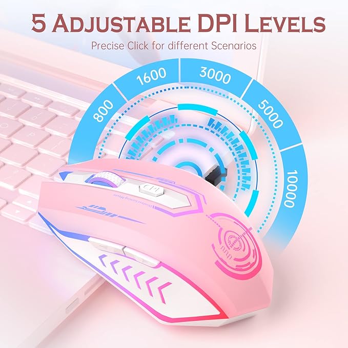 UHURU Gaming Mouse Wireless Gaming Mouse with 6 Buttons 7 Changeable LED Color up to 10000 DPI Rechargeable USB Gamer Mouse for PC Laptop (Pink)