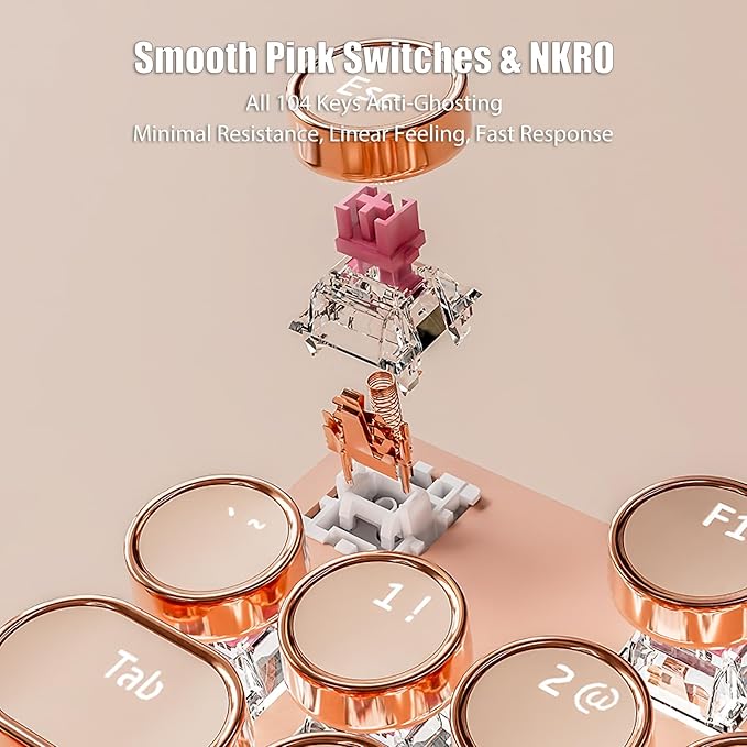 Typewriter Style Mechanical Gaming Keyboard White LED Backlit 104-Key NKRO Pink Switches Retro Round Keycaps Golden Ring Volume Knob Metal Panel Wired USB-C Detachable Cable Rose Gold