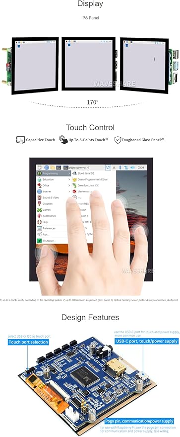 4inch HDMI Capacitive Touch IPS LCD Display (C) Screen Resolution 720×720 Compatible with Raspberry Pi 5 4 3 Jetson Nano AI PC Windows 11/10 / 8.1/8 / 7
