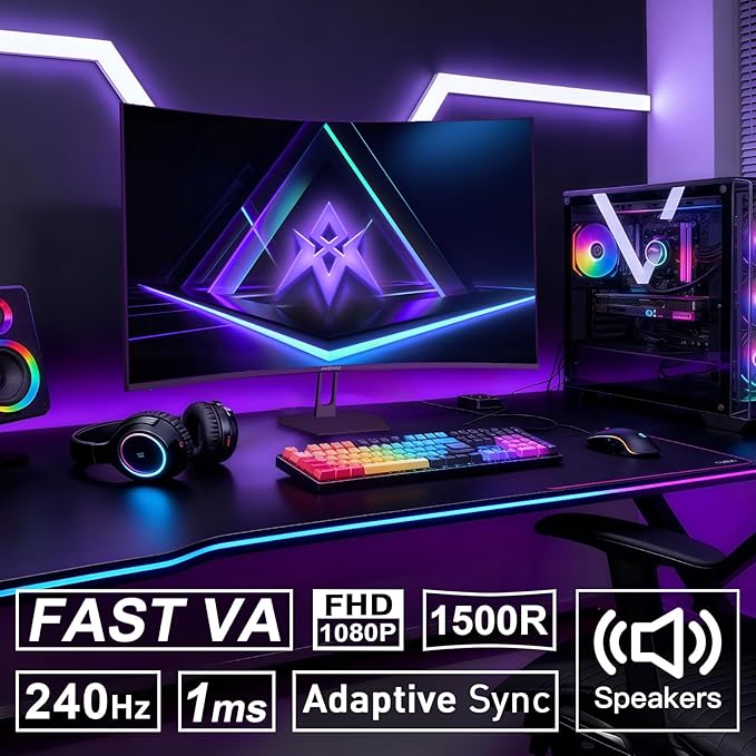 Amzfast 27 inch 240Hz Curved Gaming Monitor FHD 1080P Monitor Gaming with Upgraded Built-in Speakers MPRT 1ms with Fast VA Panel | 130% sRGB 4000:11500R | 12 Months Warranty Exchange