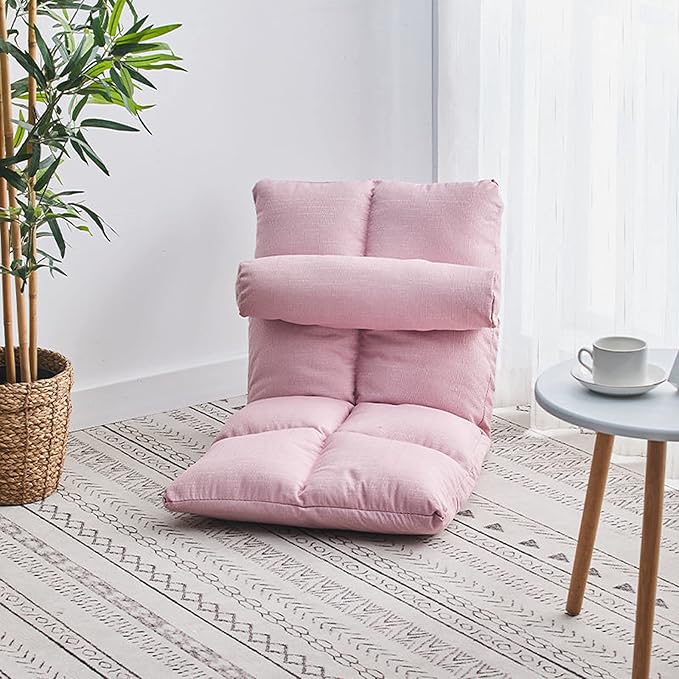 Fold Floor Gaming Chair with Back SupportAdjustable Folding Padded Adults Gaming Lazy Sofa Chair Indoor Cushioned Reclining Lounge Chair(Color:Pink)