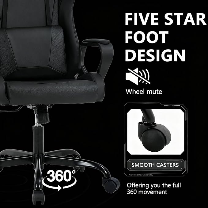 Black Gaming Chair | Ergonomic High Back Desk Chair Racing Style with Lumbar Support Headrest &amp Arms - Heavy Duty Swivel Computer Chair for Office