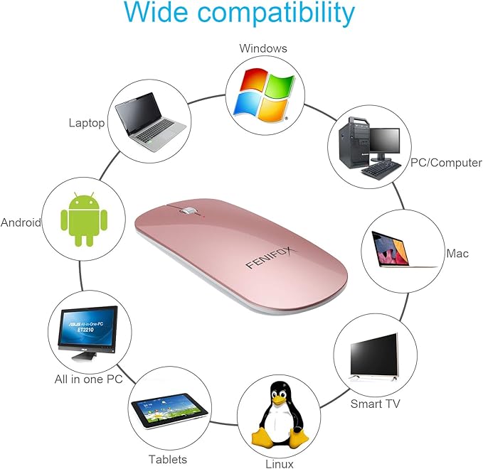 FENIFOX Bluetooth Mouse Slim Whisper-Quiet Mini Flat Portable Mobile Mice Rechargeable Compatible with LaptopPCAndroid Windows Tablet (Rose Gold)