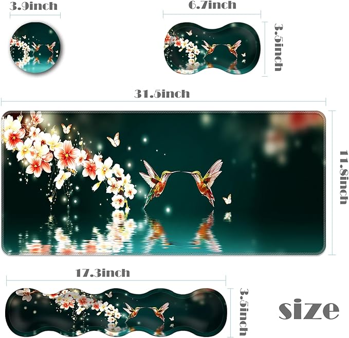 Ergonomic Keyboard Wrist Rest &amp Mouse Pad Wrist Rest SetXL Gaming Desk Mat 31.5x 11.8Non-Slip BaseMemory FoamEasy Typing Pain Relief for Office &amp HomeHummingbirds and Flowers