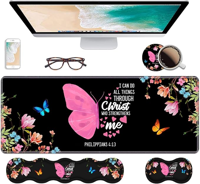 Ergonomic Keyboard Wrist Rest &amp Mouse Pad Wrist Rest SetLarge Gaming Desk Mat 31.5x 11.8 with Memory FoamEasy Typing Pain Relief for Home OfficeFloral Butterfly Quote Bible Verse Philippians