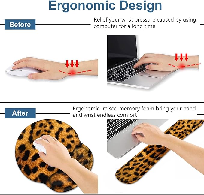 Keyboard Wrist Rest and Mouse Wrist Rest Pad Set with Coasters Ergonomic Support Non-Slip PU Base Easy Typing and Relieve Wrist Pain Perfect for Home Office Working Studying Leopard Print