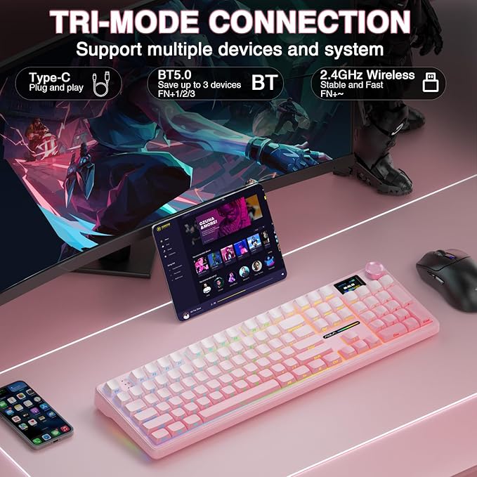 AULA F108 PRO - Wireless Mechanical Keyboard with Screen &amp KnobFull Size Keyboard with 8000mAh BatteryPre-lubed SwitchesSide Printed PBT KeycapsRGB Backlit Hot Swappable Custom Pink Keyboards