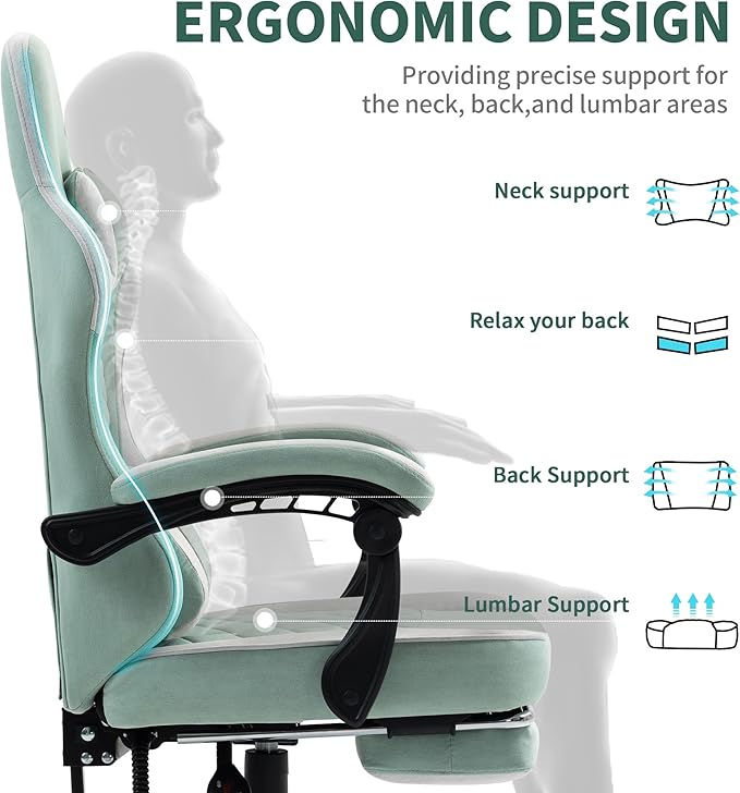 Gaming Chair with Footrest for Adults - Ergonomic Gaming Chairs with Foot Rest - Big and Tall Computer Game Chair - Fabric Reclining Video Game Chairs with Spring Cushion - Green/Light Grey