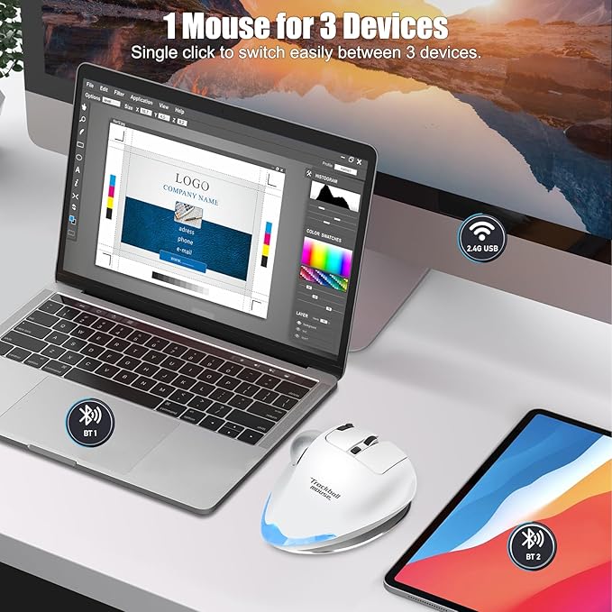TRELC Wireless Trackball Mouse Ergonomic Rollerball Mouse with 4800 DPI/7 Programmable Buttons Thumb Control Mice Rechargeable Optical Mouse for 3 Devices for Windows PC Laptop Tablet (White)