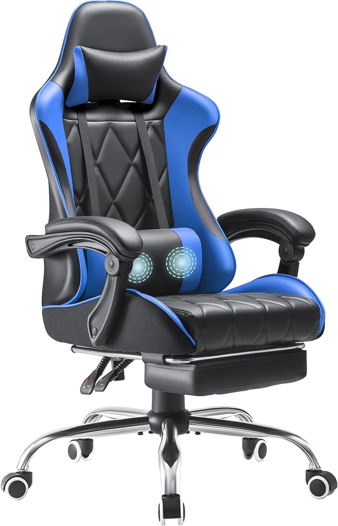 Shahoo Gaming Chair with Footrest and Massage Lumbar Support Ergonomic Computer Seat Height Adjustable with 360°Swivel and Headrest Blue