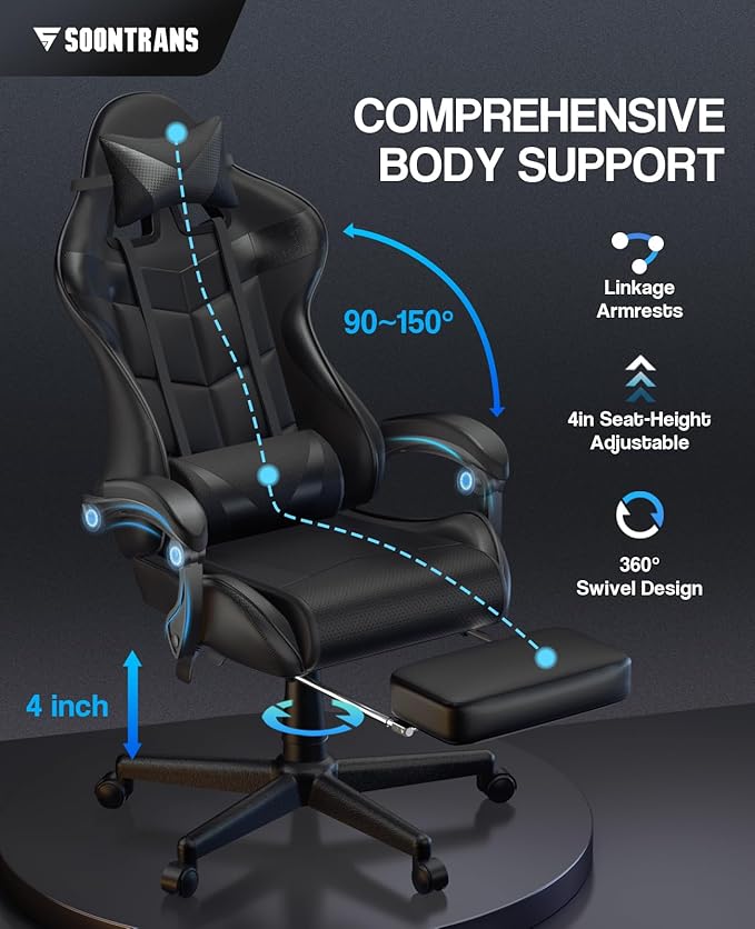 Soontrans Black Gaming Chairs with Footrest Ergonomic Gamer Chair Home Office ChairPC Computer Chair with Headrest and Lumbar Support(Dark Black)