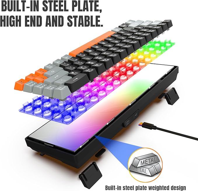 Snpurdiri 60% Wireless Gaming Keyboard and Mouse ComboRainbow Backlit Rechargeable 2000mAh BatteryMini Mechanical Feel Keyboard + Popular RGB Mice for GamingBusiness Office(Gray-Black-Orange)