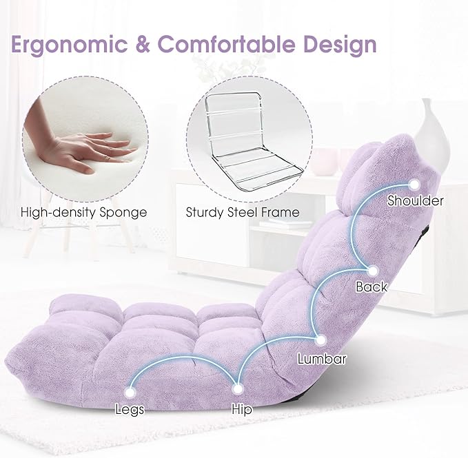GORELAX Memory Foam Floor Chair 14-Poistion Adjustable Reading Gaming Chair Recliner Folding Cushioned Meditation Chair with Back Support Padded Lazy Sofa for Adults Kids (Light Purple)
