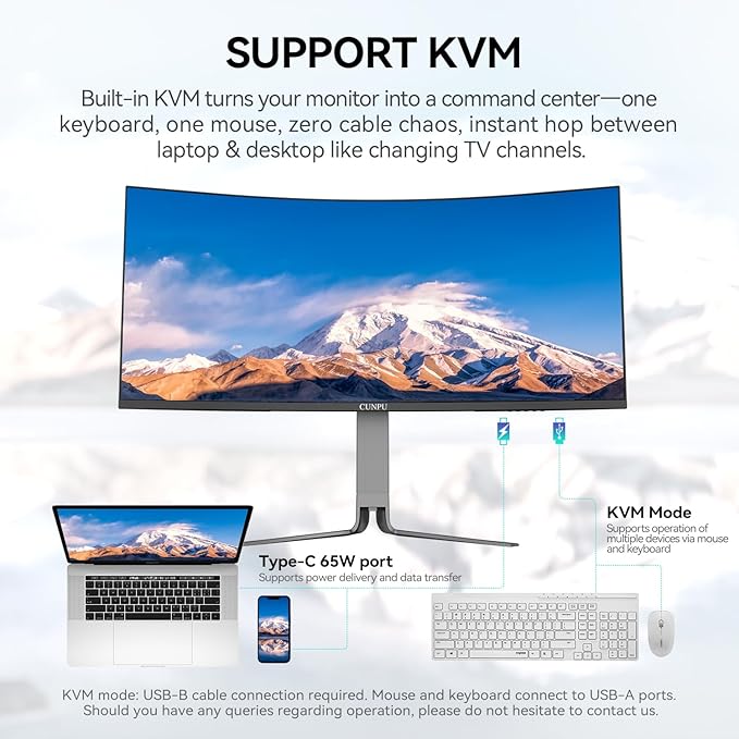 34 Inch Ultrawide Productivity Curved Monitor 65W USB-C &amp KVM 3440x1440 WQHD 165Hz 21:9 R1000 Display 100% sRGB for Work and Gaming 4000:1 Height Adjustable PIP/PBP HDMI DisplayPort