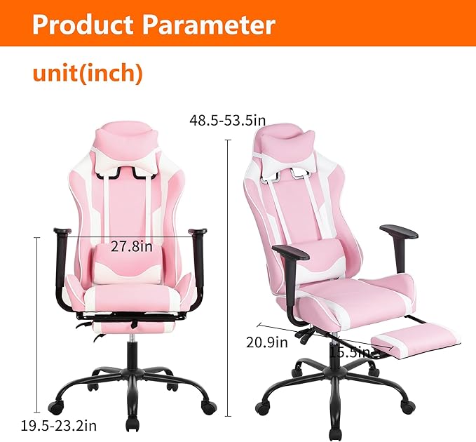 High Back PU Leather Gaming Chair with Headrest &amp Lumbar Support Height Adjustable Wide Seat for Adults with Footrest &amp Armrest