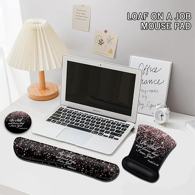 Keyboard Wrist Rest and Mouse Pad with Wrist Support Ergonomic Gel Mouse Pad and Coaster for Easy Typing Pain Relief Memory Foam Keyboard Wrist RestPsalm 46-10 Rose Gold Glitter Black Mousepads