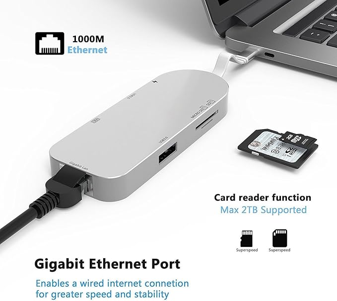 Cllena USB Type C Hub 7-in-1 USB C Adapter Type C 3.1 Charging Port with 4K HDMI Port 2 USB 3.0 Ports SD &amp Micro SD Card Reader and RJ45 Ethernet for New MacBook Google Chromebook 2016