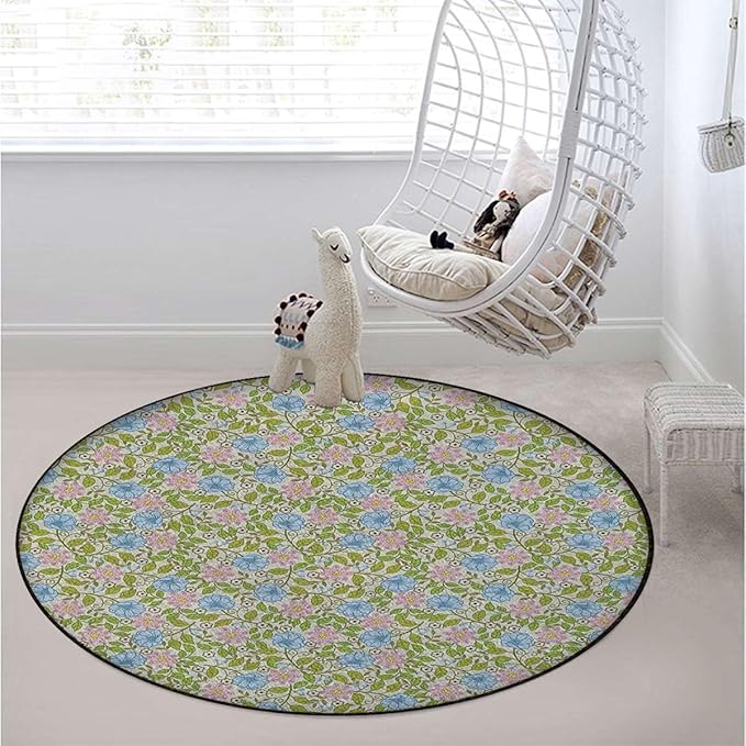 Multicolor Round Rug Contemporary Modern Boxes Easy Cleaning for Home OfficeLiving RoomBedroomKitchen Non Shedding Area Rug Colorful Spring Flowers Sketchy Theme Diameter 47.2 in