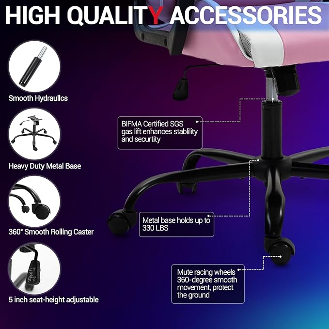 Gaming Chair PU Leather Massage PC Video Game Chair with Lumbar Support for Men Women Home Office Height Adjustable Ergonomic High Back Pink
