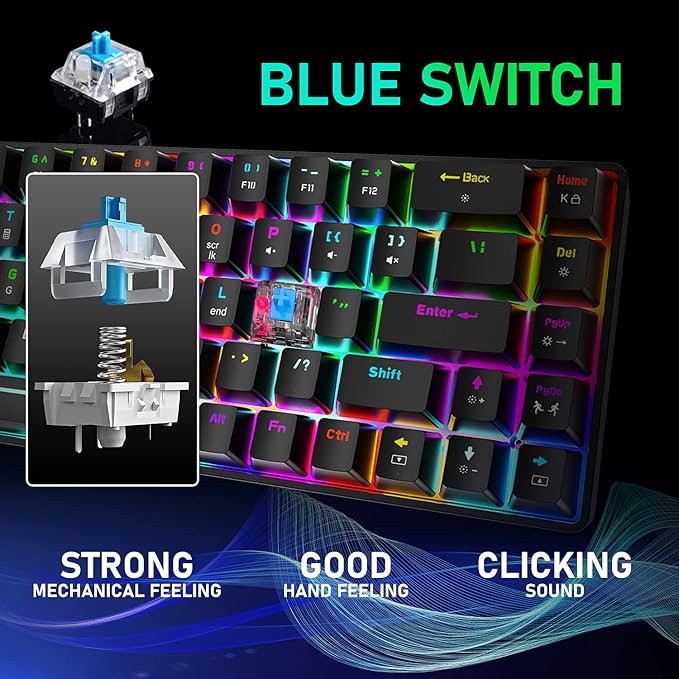 65% Wired Gaming Mechanical Keyboard and Mouse Combo Mini 68 Keys RGB Backlight Lightweight RGB Optical MouseMouse Pad Compatible with PS4XboxPCLaptopMAC (Black/Blue Switch)