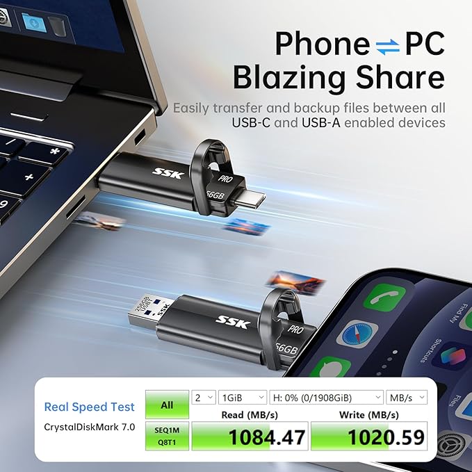 SSK USB Flash Drive 256GB SSD External TLC NAND Solid State Drive Dual USBC USBA Port Up to 1000MB/s High-Speed Portable 256GB USB Thumb Drive Stick for iPhone 15/16/17 Pro Mac Android PC Backup