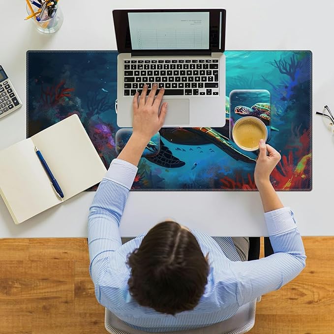 Wrist Rest for Computer Keyboard Small Mouse Pad and Desk Pad Mat 23.6 x 11.8 Set Office Desk Mat Non-Slip PU Desk Mat for Computer Laptop Office Gaming Home and Writing Sea Turtle