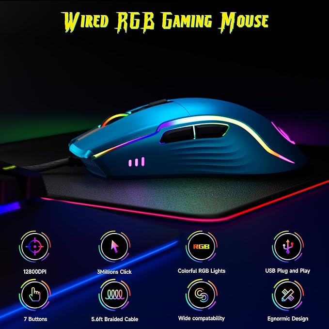 memzuoix Wired Gaming Mouse with RGB - 6 Adjustable DPI up to 12800 6 Buttons 12 Lighting Modes Ergonomic Design with Anti-Slip Rubber Wheel 5.6ft Braided Cable for PC/Mac/Windows - Blue