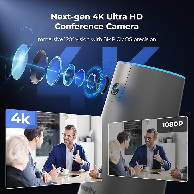 NEARITY 120 Max 4K Video Conference Camera with 2 Expansion Mics 8MP CMOS Video Conferencing System with Microphone and Speaker 5X Zoom Auto Framing 4 Noise Cancelling Mics