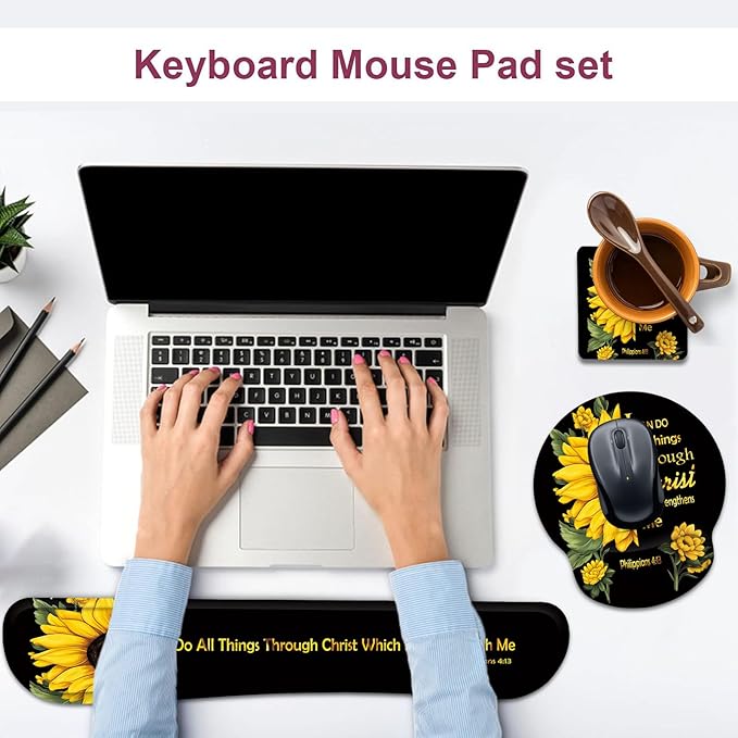 Keyboard Wrist Rest and Mouse Wrist Rest Pad with Cup CoasterMade of Memory FoamErgonomic SupportEasy-Typing and Pain Relieffor Gaming Office Home ComputerSunflower