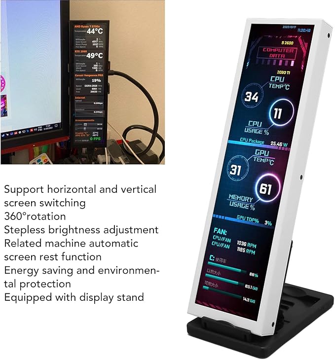 Zunate 8.8in IPS USB Mini Screen 1920x480 Computer Temp Monitor PC CPU RAM Data Monitor Sensor Panel Monitor for PC ARGB Computer Case Secondary Screen