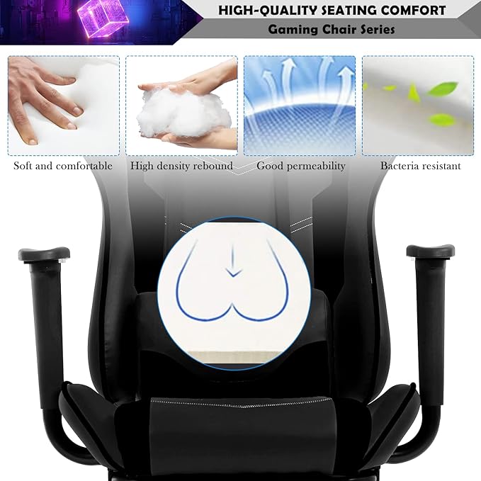 Massage Gaming Chair with Headrest and Footrest Ergonomic Gaming Desk Chair Lumbar Support Computer Game Chair Leather Video Gaming Chair Adjustable Gamer Chair for Adults Kids Black