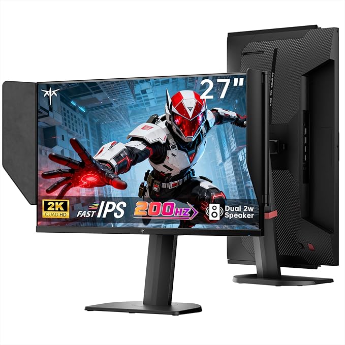 KTC 27 Inch Gaming Monitor 27M1 1440p 200Hz Computer Monitor with Built-in Sperkers Up to 210Hz 2K QHD Fast IPS Adaptive Sync 130% sRGB ΔE＜2 Height Adjustable Monitors with Shielding Hood