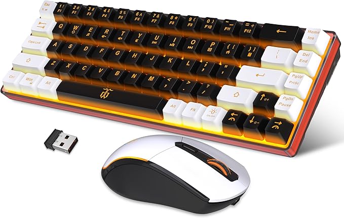Snpurdiri 60% Wireless Gaming Keyboard and Mouse ComboOrange Backlit Rechargeable 2000mAh BatteryMini Mechanical Feel Anti-ghosting Keyboard + Popular RGB Mice for Gaming Office(Black-White)