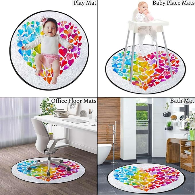 Multicolor Office Chair Mat Hardwood Floor Computer Desk Mat Anti-Slip Gaming Chair Mat Round Floor Mat Durable Floor Protector Watercolor Hearts White Background Diameter 51 in