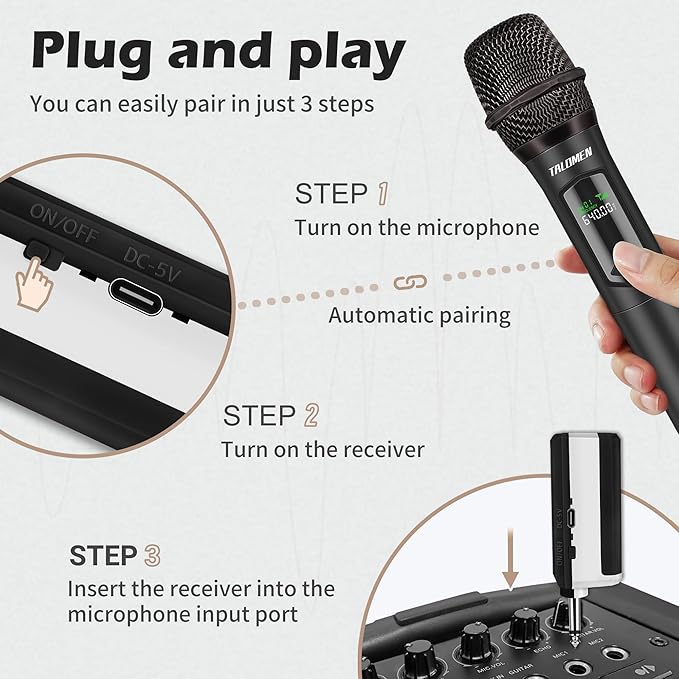 Wireless Microphones Professional Dual Karaoke Microphone for Singing Handheld Cordless Dynamic Mic System with Rechargeable Receiver(160 Ft) for Wedding DJ Speech Church Party K602-BW