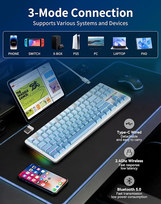 Aula F87 Pro Wireless Mechanical Keyboard 87-Key TKL Tri-Mode (BT5.0/2.4G/USB-C) Hot Swappable Gasket Mount Keyboard 8000mAh Battery RGB Backlit PBT Keycaps Custom Gaming Keyboard for PC Mac