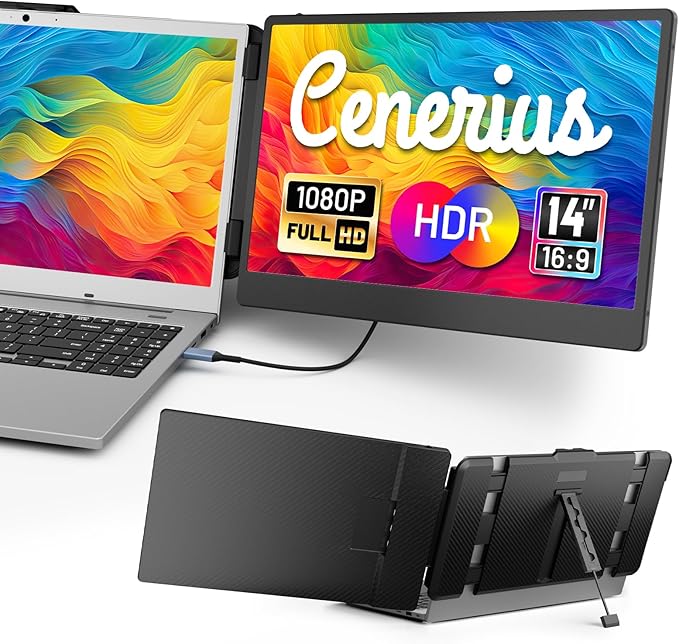 Cenerius 14 Laptop Screen Extender FHD 1080P IPS Portable Monitor for Laptop Dual Screen Monitor Extender Compatible with 13-17 Laptops HDMI/USB-A/USB-C Plug-Play for Windows Mac Android
