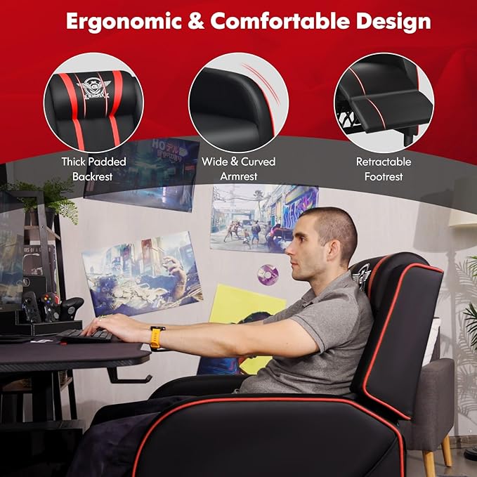 GYMAX Gaming Recliner Massage Gaming Chair with Adjustable Footrest Remote Control &amp Side Pocket Ergonomic Game Lounge Chair Racing Style Single Theater Seat Game Sofa for Adults (Red)