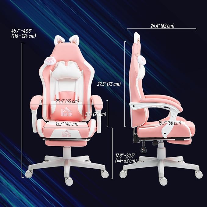 HOMCOM Racing Gaming Chair with Cat Ears Reclining Faux Leather Computer Chair with Footrest Lumbar Support and Headrest Height Adjustable Gamer Chair with Swivel Seat and Wheels Pink