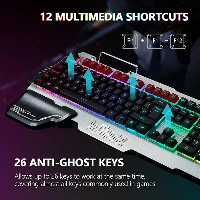 RedThunder K900 Gaming Keyboard RGB Backlit Semi-Mechanical with Wrist Rest Water-Resistant USB Wired Hybrid Ergonomic Teclado Gamer for Desktop Computer PC Mac PS4