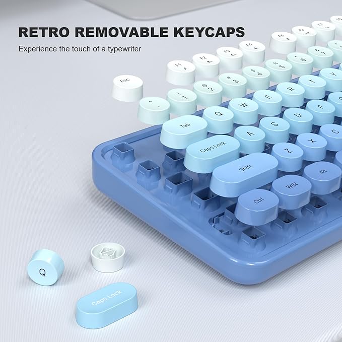 Computer Keyboard Wired Plug and Play USB Retro Round Typewriter Keyboard Full Size Wired Keyboard with Foldable Stands for Laptop and Office PC- Blue Gradient