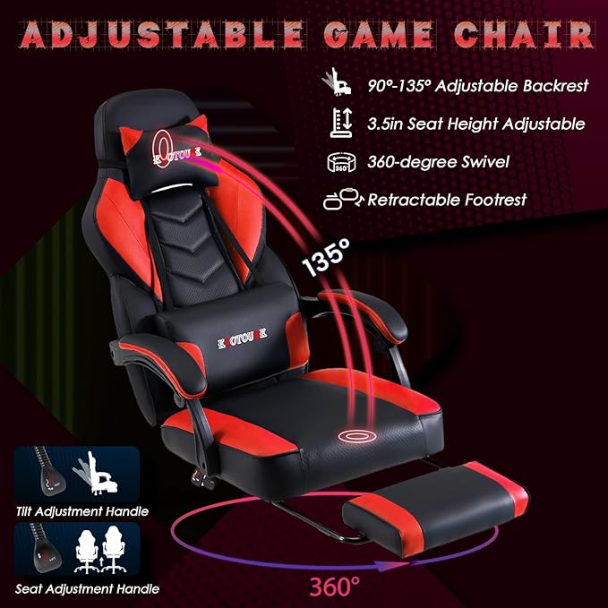 ECOTOUGE Massage Gaming Chair Big and Tall Gaming Chair with Lumbar Support &amp Footrest Ergonomic Gamer Chair with Reclining High Back 360° Swivel Gaming Computer Chair Red