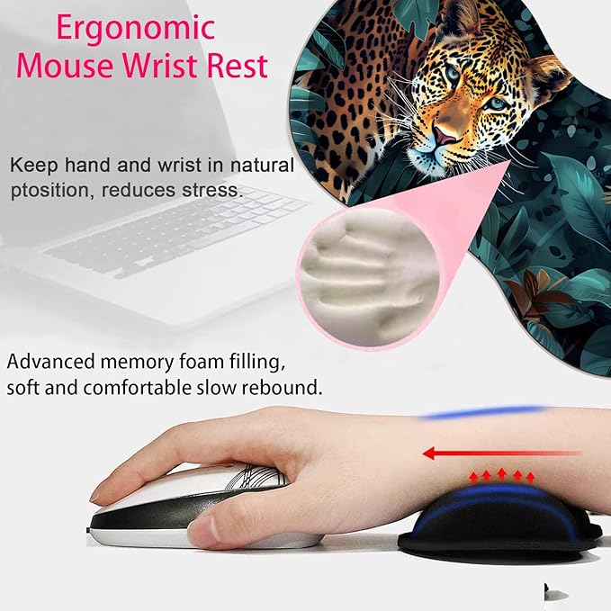 Large Gaming Mouse Pad + Mouse Wrist Rest Pad + Coaster Combination 31.5 x 11.8 Durable Non-Slip Extension Table Mat Suitable for Office and Home Leopard Jungle