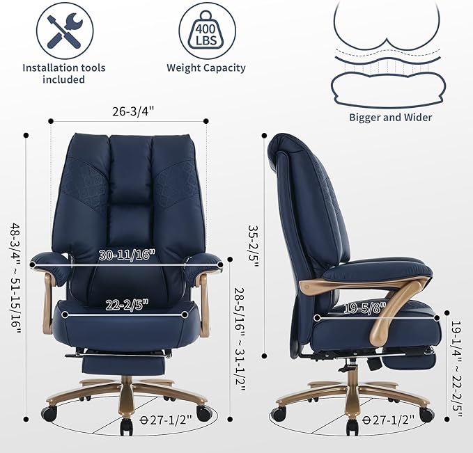 Big and Tall Executive Office Chair with Footrest 400LBS Capacity Ergonomic High-Back Desk Office Chair with Lumbar Support Padded Armrests &amp Thick Cushion Blue PU Leather Chairs