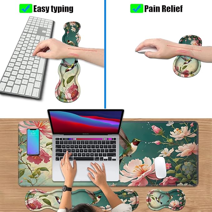 4 in 1 Ergonomic Keyboard Wrist Rest &amp Mouse Pad Wrist Rest Set Large XXL Gaming Desk Mat 31.5x 11.8 with Non-Slip Base Memory Foam for Home Office Study Gaming Hummingbird Flowers