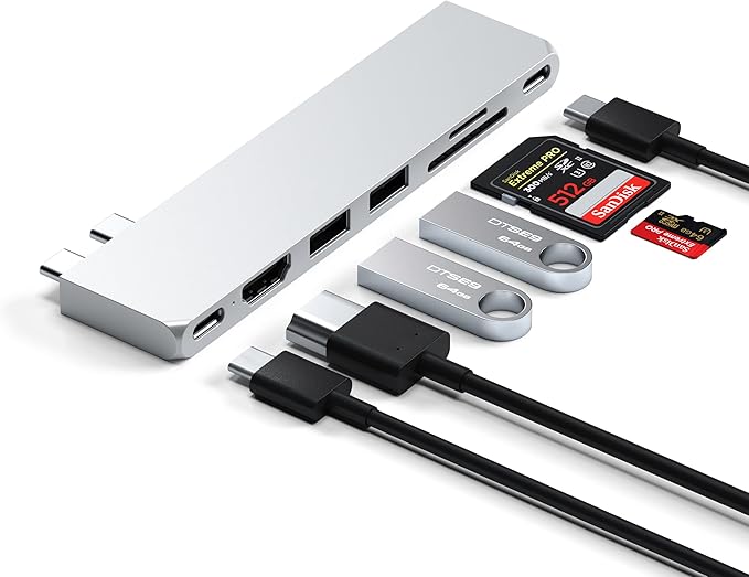 Satechi 7 in 1 USB C Hub Multiport Adapter Pro Slim USB C Dongle 100W Charging 4K HDMI USB 4 USB 3.2 Gen 2 SD/Micro Card Reader for Mac MacBook Air/Pro M5/M4 - Silver