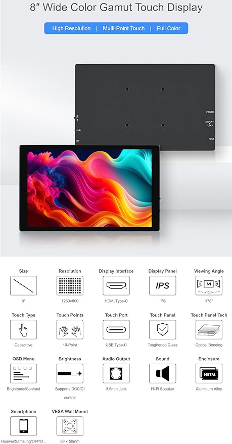 8inch 1280×800 IPS Capacitive Touch Display for Raspberry Pi Jetson Nano Smartphone with Optical Bonding Toughened Glass Panel Interface HDMI Type-C Hi-Fi Speaker (8HP-CAPLCD Monitor)